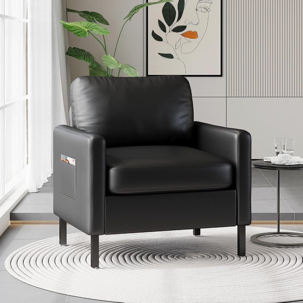 STHOUYN Black Faux Leather Accent Chair with Arms, Modern Small Accent Office Chair, Waiting Room Chairs for Living Room Bedroom with Metal Legs (1, Black)