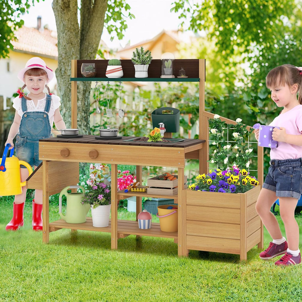Costzon Mud Kitchen, Wooden Kids Potting Bench w/Removable Faucet, Sink, Stoves, Rotation Knobs, Planter Boxes, Trellis & Cooking Accessories, Mud Kitchen for Kids Outdoor 3-8 (Brown)