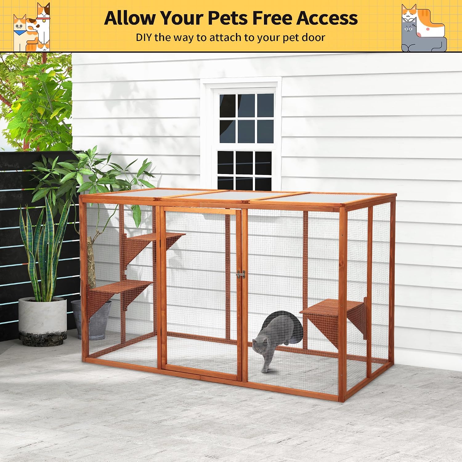 Catio Outdoor Cat Enclosure, 71' Large Weatherproof Catios with Cedar Wood Frame for cat Patio, Heavy Duty Outdoor Cat Condo & Cage, Indoor cattio for Cats (Orange-Red, Large)