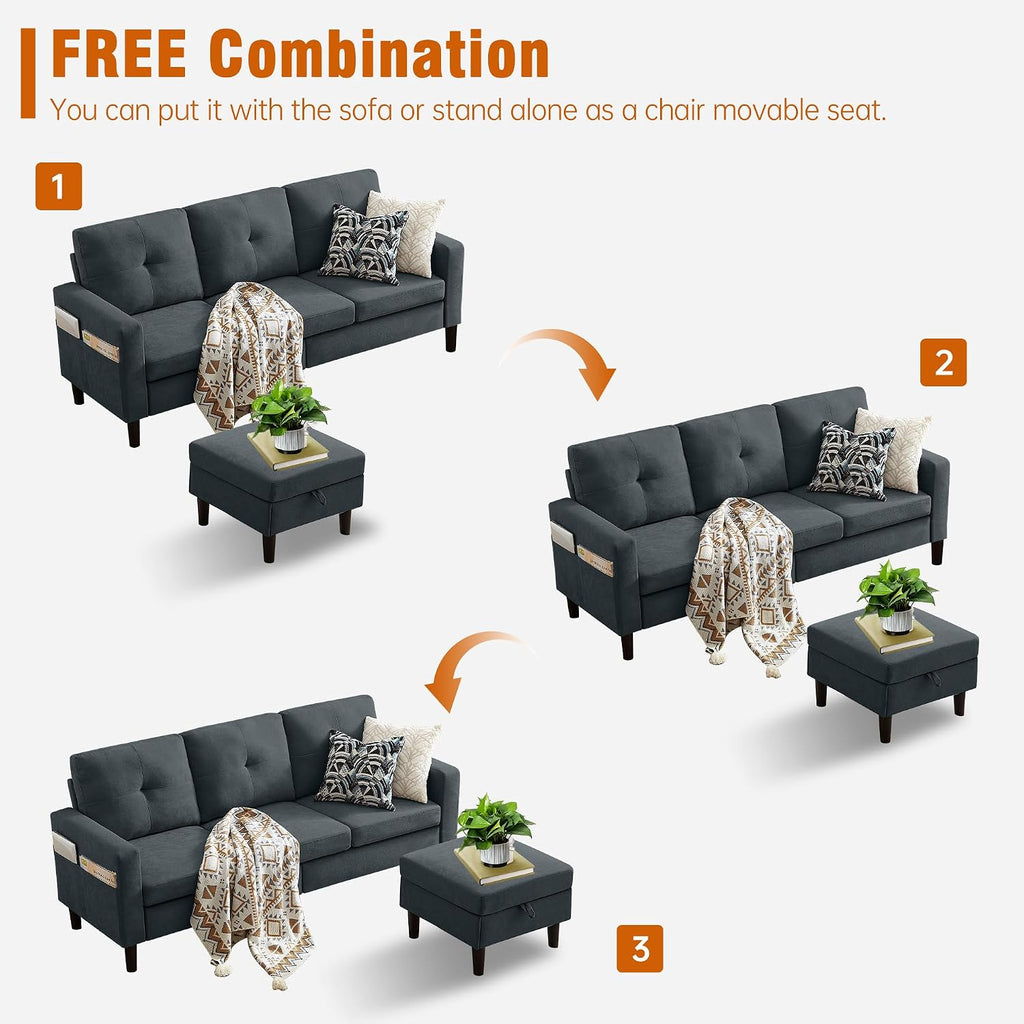 Sectional Sofa Couches for Living Room, L Shaped Couch 3-Seat Convertible Sectional Sofas with Removable Storage Ottoman, Modern Polyester Fabric (Dark Grey)