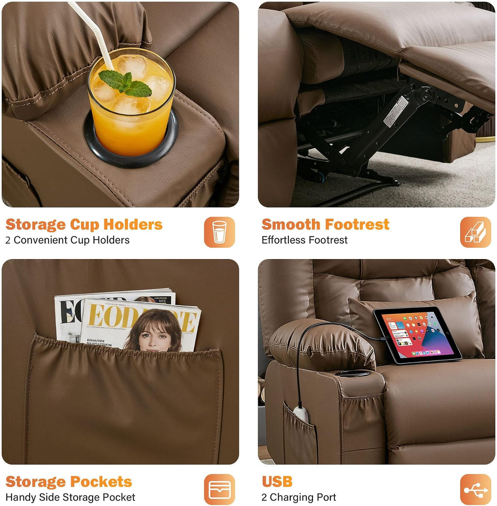Brown Leather Loveseat Recliner with Massage/Heat, Oversized Recliner Couch & Reclining Loveseat with Cup Holders/Pillow, Manual Reclining Sofa For Living Room/Rv/Home Theater Seating (Brown)