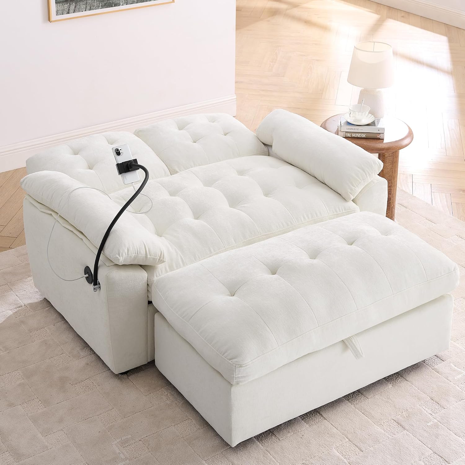 KEIKI 56' Oversized Chaise Lounge Chair Indoor with Storage Ottoman, USB Port &Phone Stand, Cloud Upholstered Chaise Lounge Recliner, Deep Seat Reading Couch Sofa Bed for Living Room Bedroom,Beige