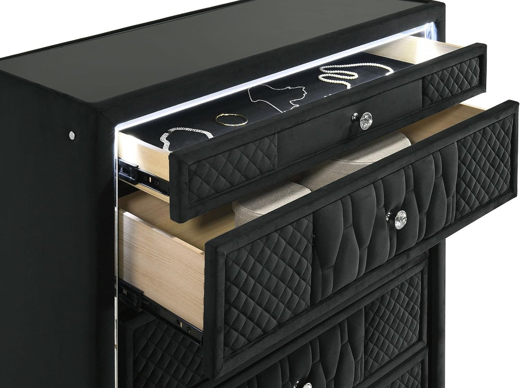 Coaster Home Furnishings - Lorient - Wood and Velvet - 5-Drawer Chest with Built-in LED Lighting, Crystal Knobs and English Dovetail Joinery - Bedroom - Black - 223165