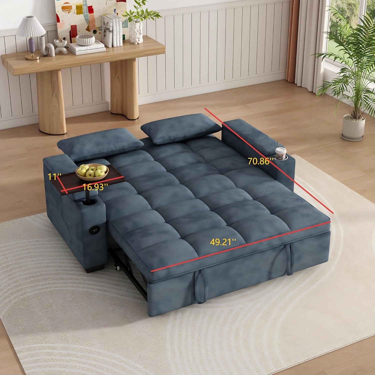 KEIKI 65' 3-in-1 Convertible Sofa Bed, Space-Saving Pull-Out Sleeper Couch with 90° Swivel Side Table, USB & Type-C Charging Ports, Hidden Storage, Modern Futon Sofa for Apartments & Small Spaces