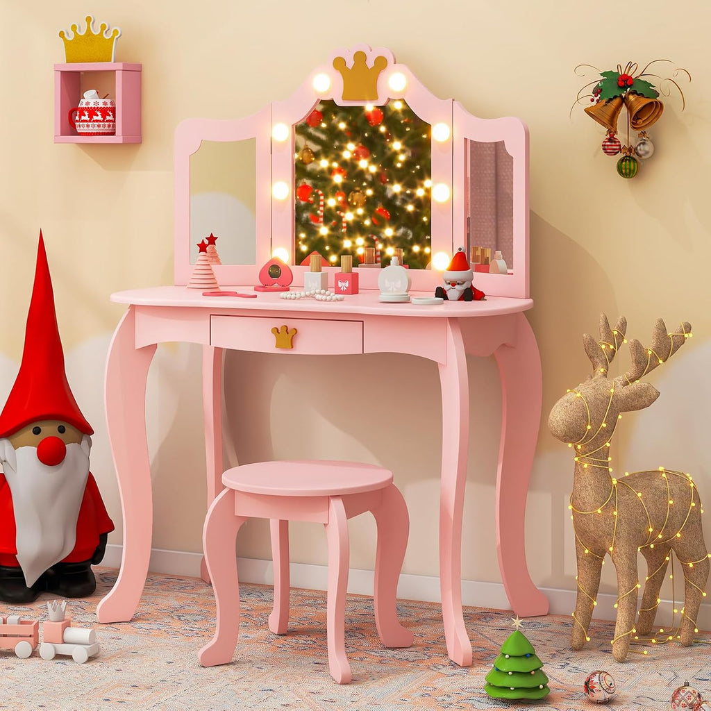 Costzon Kids Vanity with Lights, Girls Vanity Set with Mirror and Stool, Drawer, 2 in 1 Princess Makeup Desk Dressing Table, Kids Vanity Table and Chair Set (Pink)