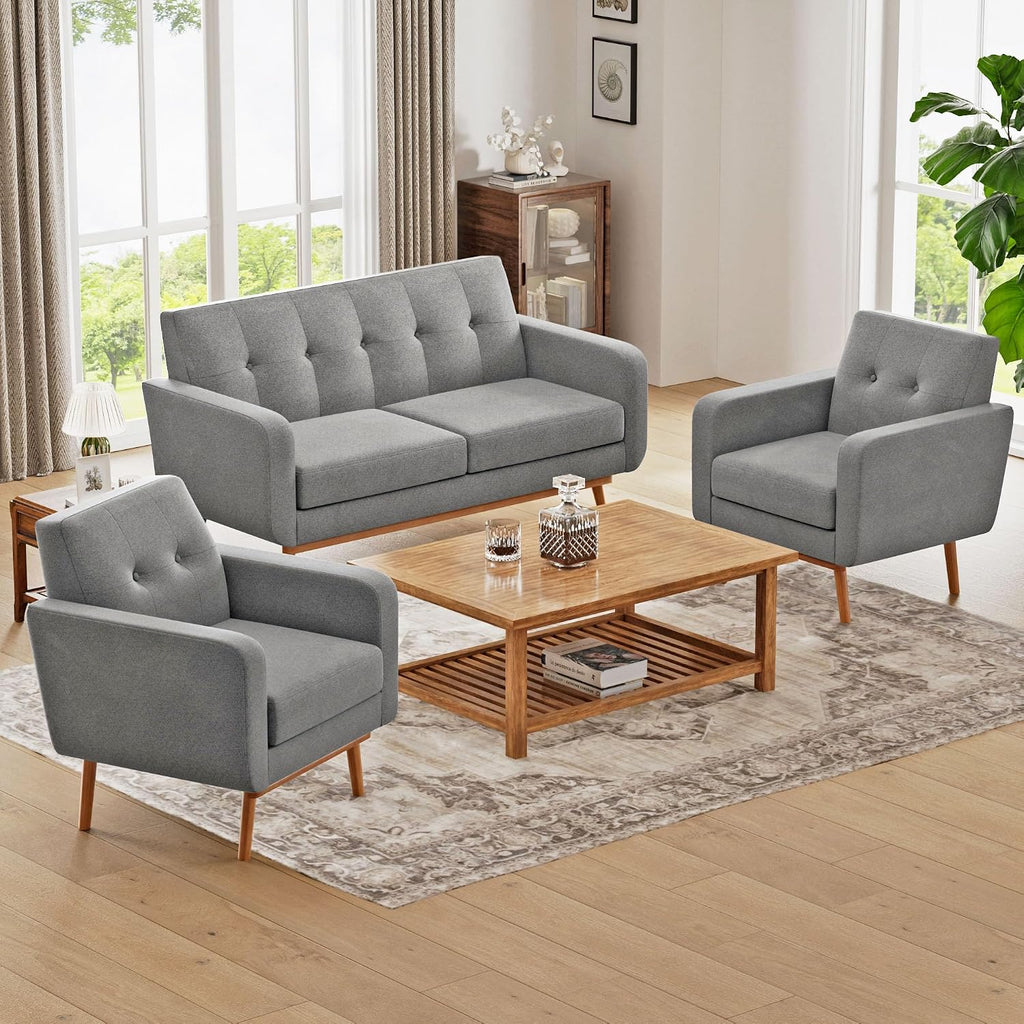 HUIMO Living Room Set, Button Tufted Living Room Furniture Sets, Upholstered Modern Couch Set with Solid Frame, Sofa Set for Living Room (Dark Grey, 3 Piece Set-1*loveseat+2*Chair)
