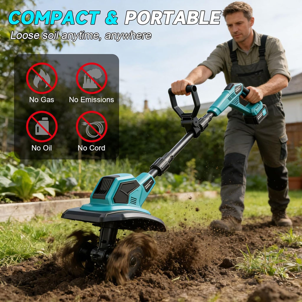Cordless Tiller Cultivator, 360RPM Electric Garden Tiller, with 2 x 3.0Ah Batteries & Charger, 9In Tilling Width and 6.6In Depth Garden Rototiller for Lawn/Gardening/Soil Cultivation