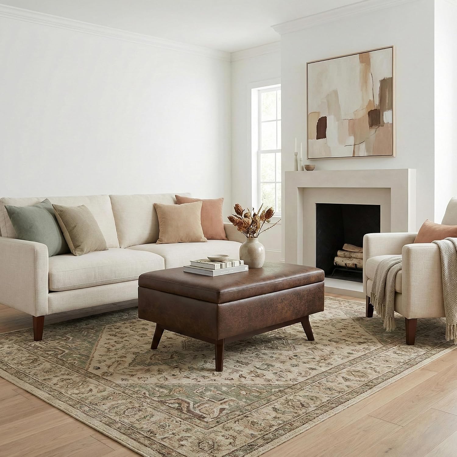 SIMPLIHOME Owen Coffee Table Storage Ottoman - 34' Wide x 19' High Upholstered Vegan Leather Rectangular Lift-Top Ottoman in Distressed Chestnut Brown, Mid-Century Modern Bench with Tapered Legs