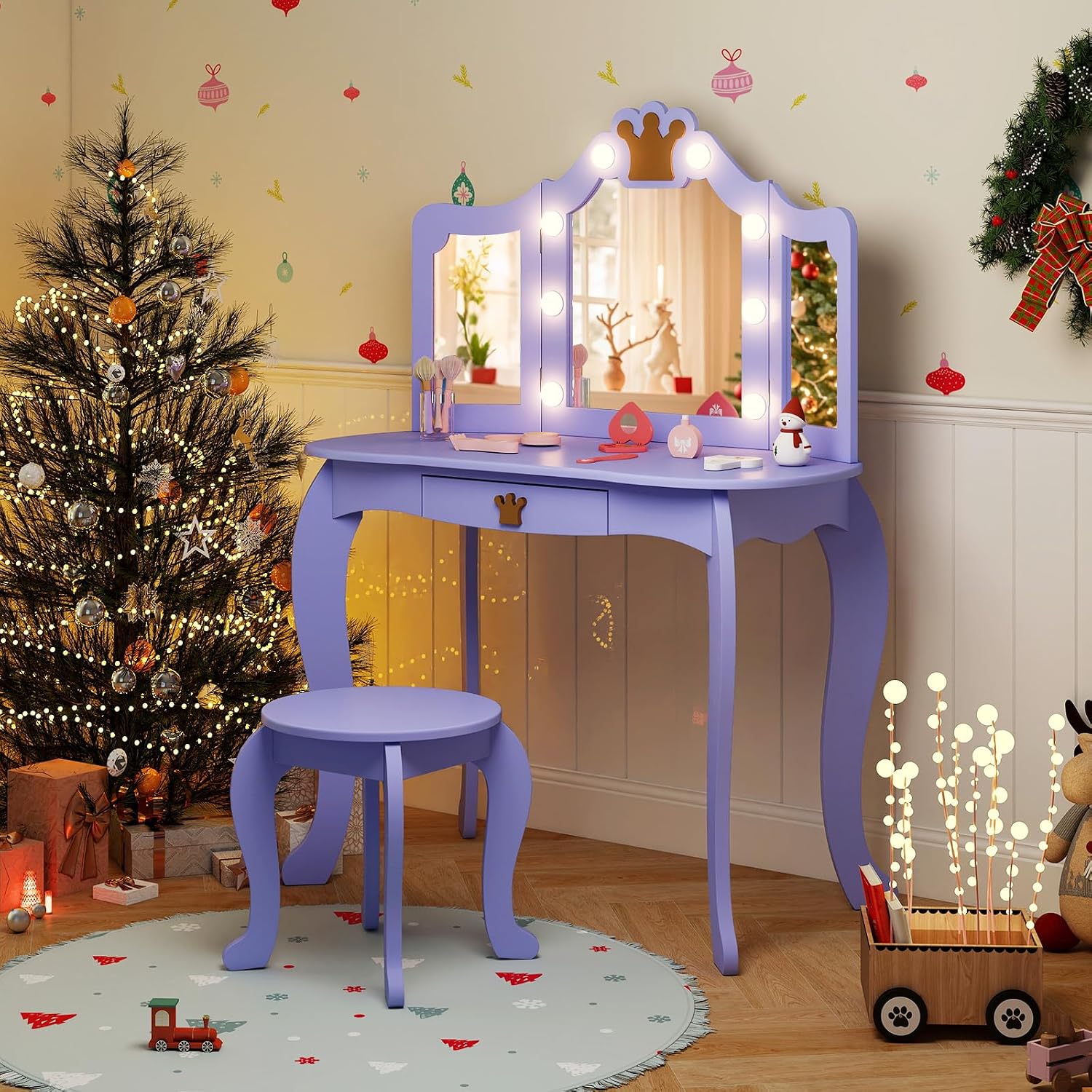 HONEY JOY Kids Vanity with Lights, Crown Girls Vanity Set with Mirror and Stool and Lights, Toddler Vanity, Wooden Makeup Table for Little Girls, Pretend Play Kids Vanity Table and Chair Set(Violet)