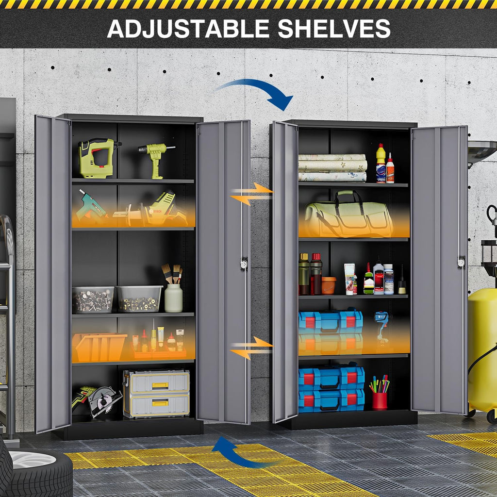 Fesbos Metal Storage Cabinet-72' Tall Steel File Cabinets with Lockable Doors and Adjustable Shelves-Black&Gray Steel Storage Cabinet for Kitchen, Office, Garage