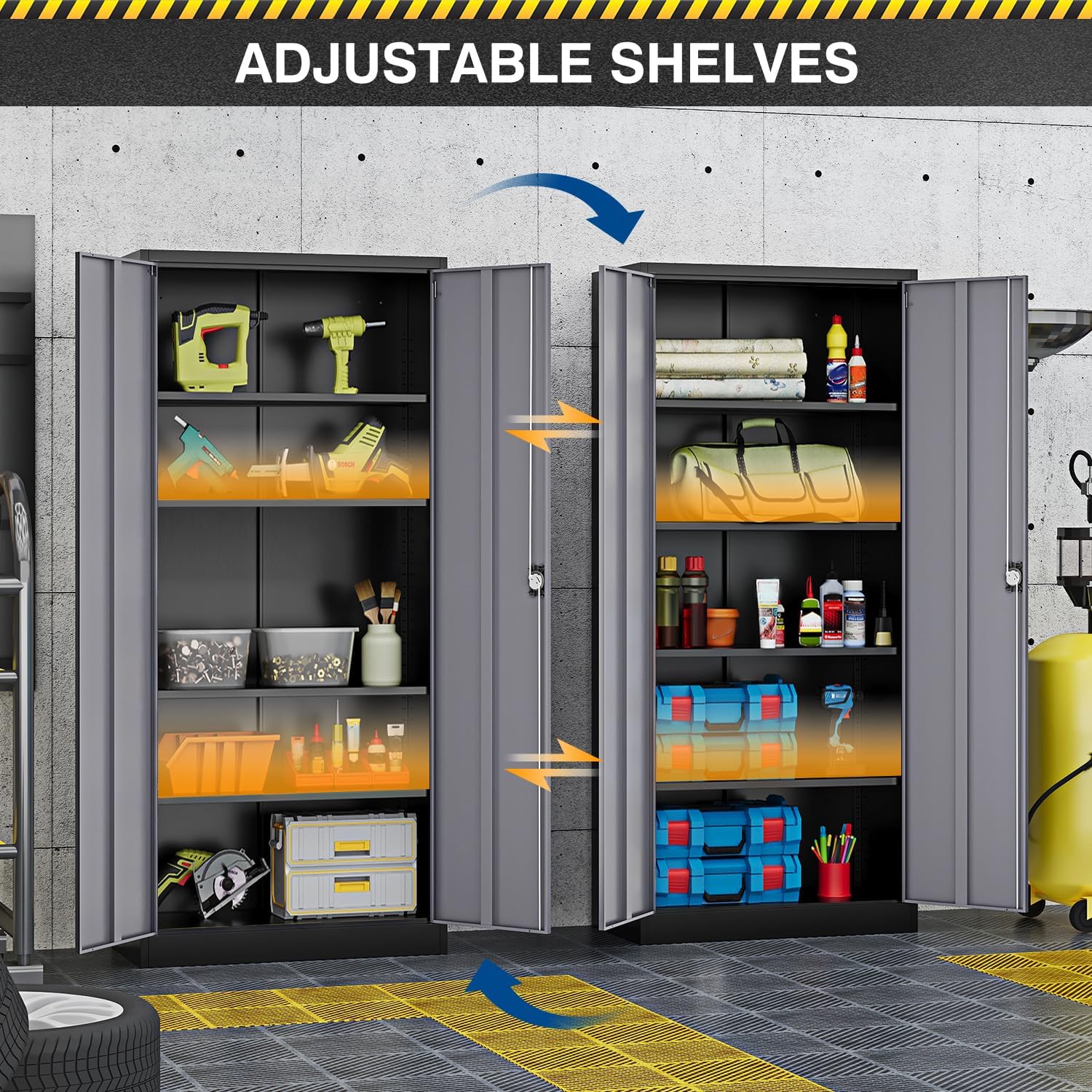 Fesbos Metal Storage Cabinet-72' Tall Steel File Cabinets with Lockable Doors and Adjustable Shelves-Black&Gray Steel Storage Cabinet for Kitchen, Office, Garage