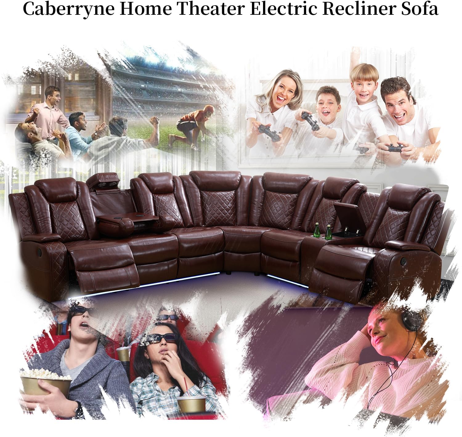 Power Recliner Sofa Sectional Couch with LED Light for Living Room,Leather Reclining Corner Sectional Sofa with 2 Recliner Seats,Cup Holder,Storage Console for House/Home Theater, Wine