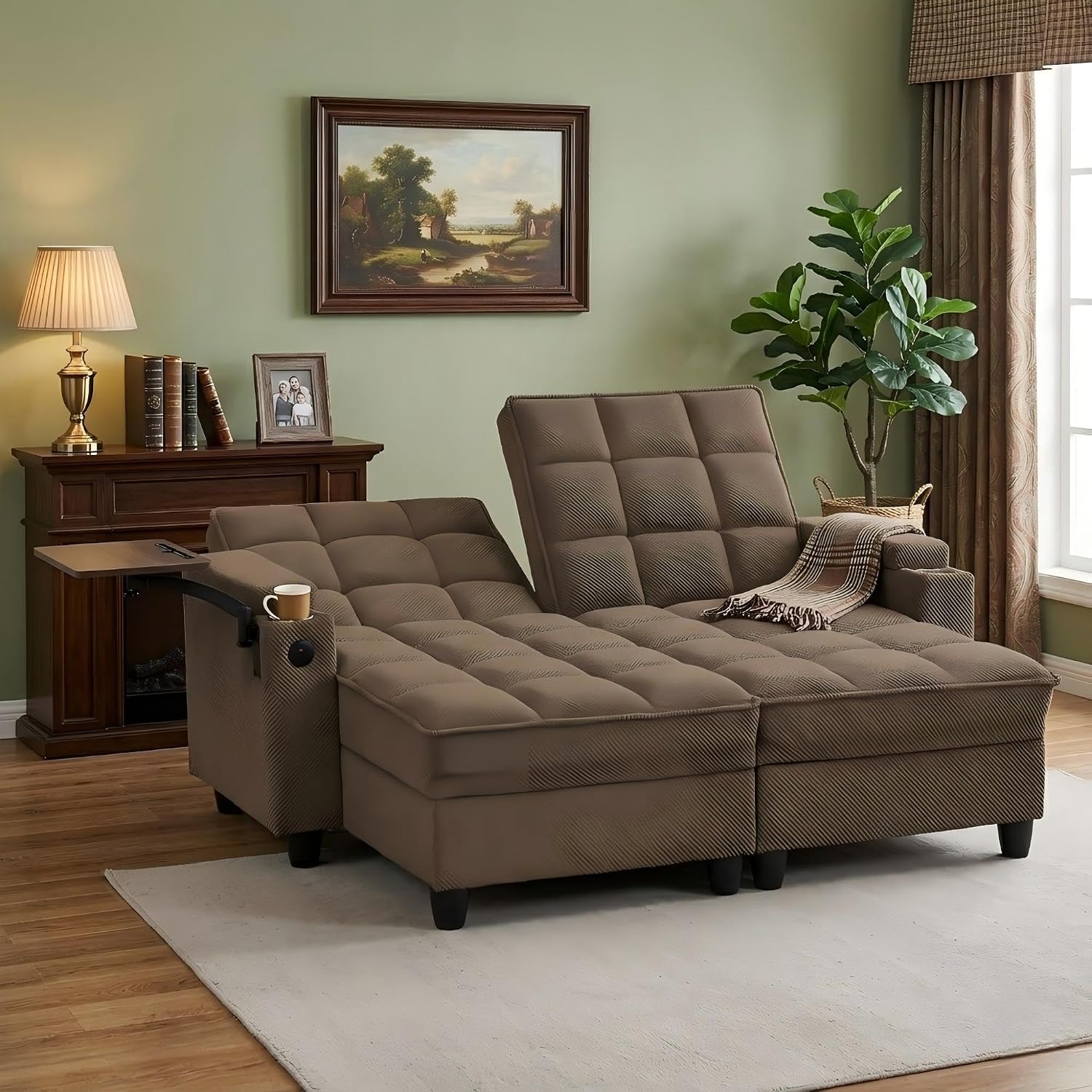 Eafurn Double Chaise Lounge Convertible Sleeper Chair Sofabed W/Storage and 6-Position Reclining Backrest, Modern Tufted Recliner Lounge Chaise Couch with Swivel Table & USB for Living Room