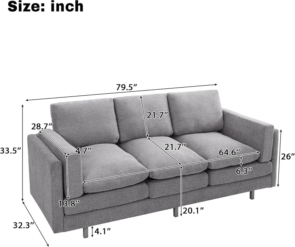 Christopher Knight Home Vincenzo 3 Seater Couch, Chenille Upholstered Sofa Chair, Metal Legs Couch, Dual-Layer Cushions Armchair, 79.5' Sectional Sofa, Comfort Seating for Living Room, Light Gray