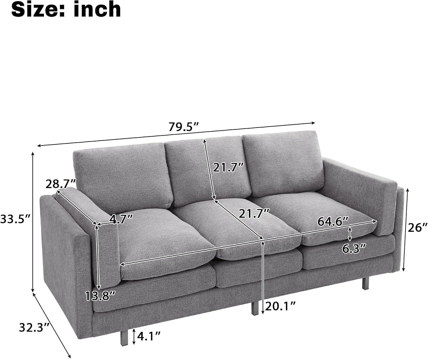 Christopher Knight Home Vincenzo 3 Seater Couch, Chenille Upholstered Sofa Chair, Metal Legs Couch, Dual-Layer Cushions Armchair, 79.5' Sectional Sofa, Comfort Seating for Living Room, Light Gray