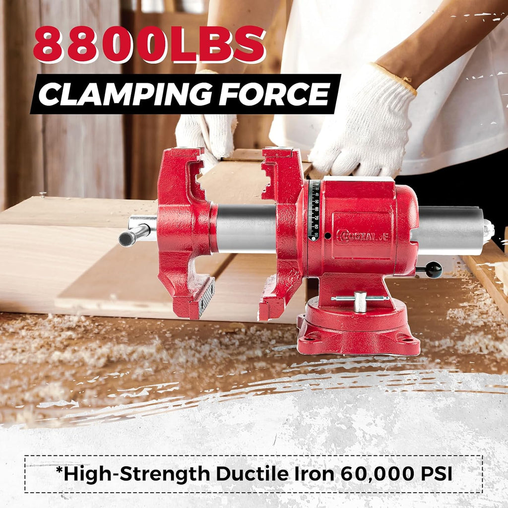 Upgraded UPG 5-Inch Terminal Location Bench Vise with Ductile Iron Bench Vise 360° Multi-Purpose Bench Vice with Anvil and Positioning Pins, Clamp force 8800lbs, Red Swivel Vise
