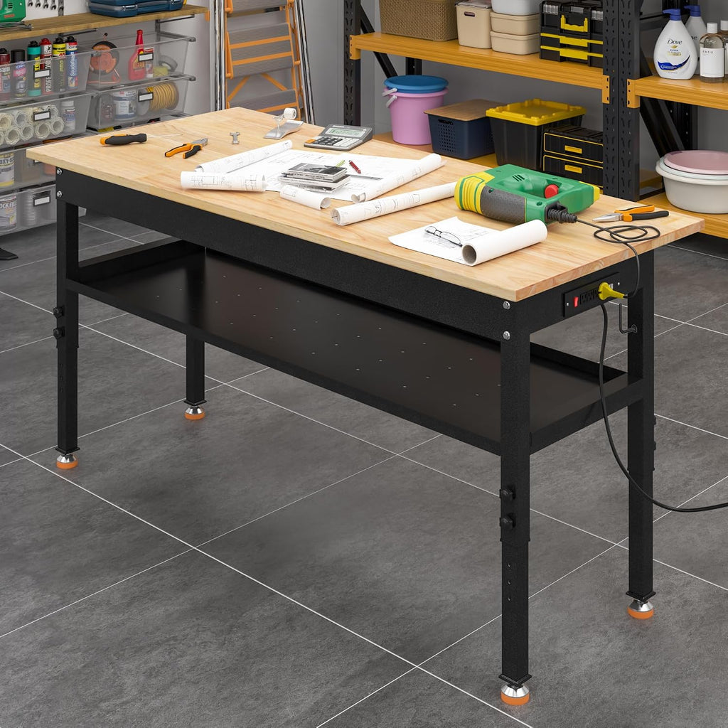 48'/60'' Adjustable Workbench, Rubber Wood Top Work Bench Heavy-Duty Work Table w/Power Outlet, Partition,2000 LBS Load Capacity Work Benches for Garage, Workshop, Home, Office, Easy Assembly