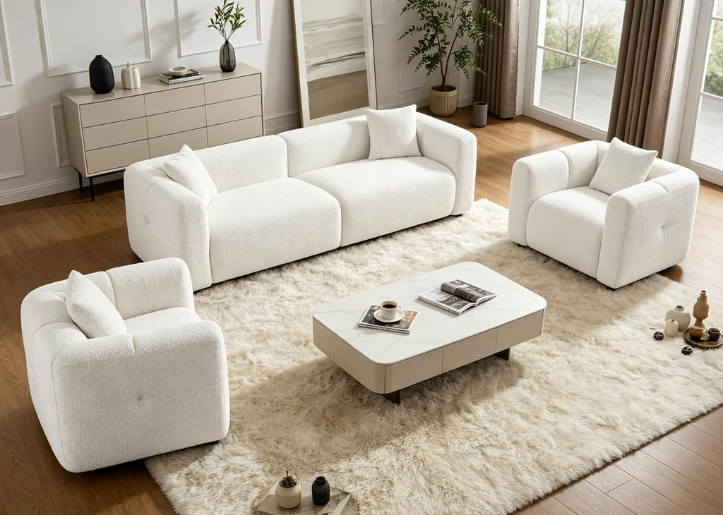 VANOMi Living Room Furniture Sets of 3, Modern Boucle Sofa and Chairs Sets with Accent Chairs Set of 2 & Single 95' W Large Loveseat Sofa for Living Room, Office, Apartment, White