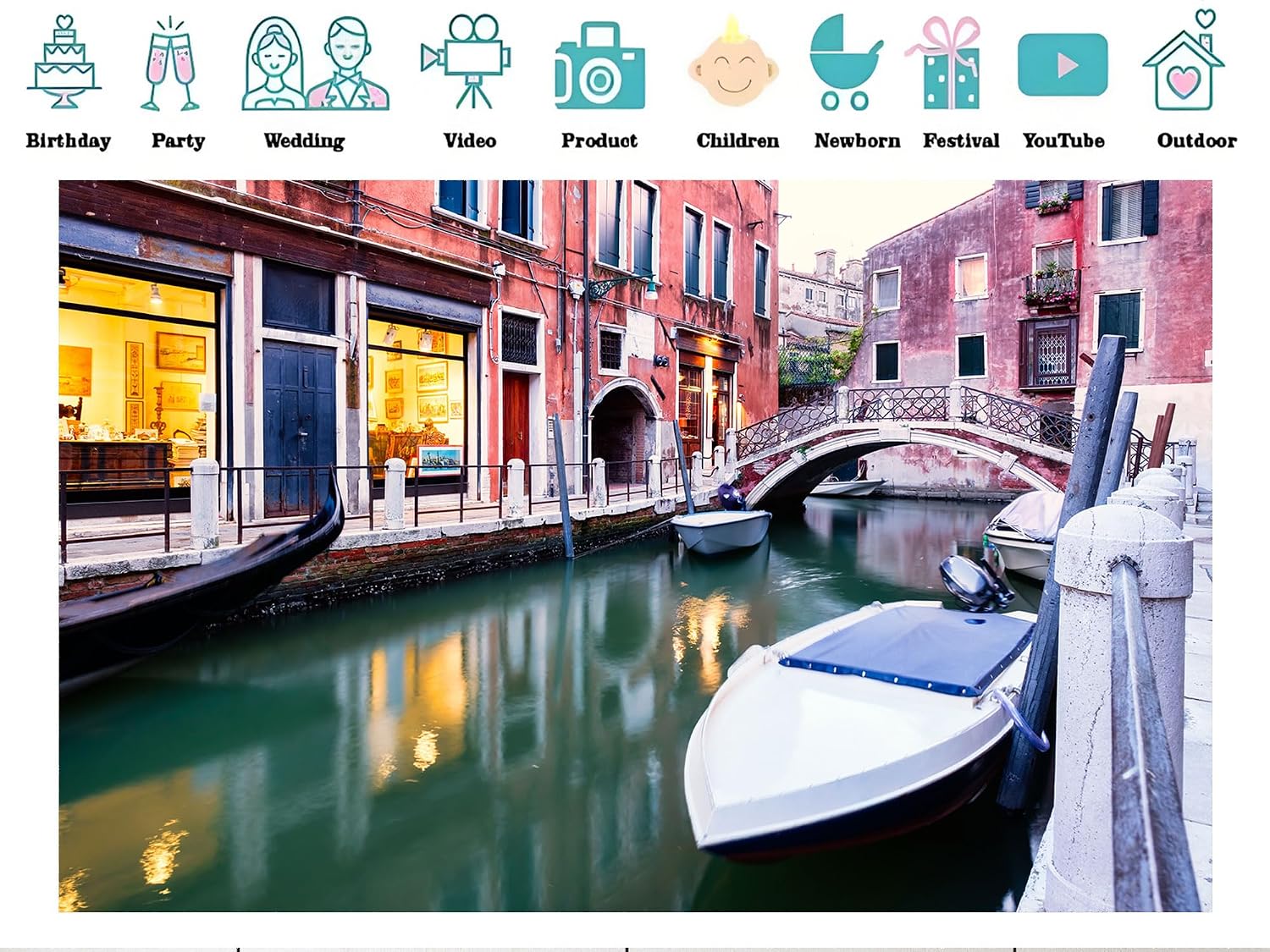 20x10ft Fabric Venice Narrow Canal Backdrop Colorful Buildings Gondola Background for Italian Travel Themed Party Decorations Balcony Wall Hanging Tapestry Photo Shoot Studio Props