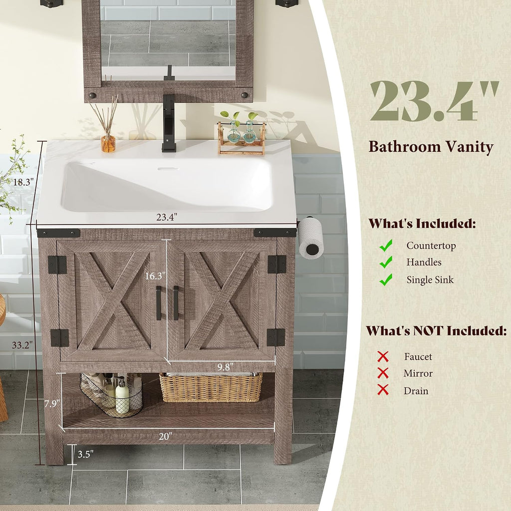 AMERLIFE 24' Farmhouse Bathroom Vanity with Sink Combo, Wood Barn Doors & Open Shelf, Freestanding Single Bathroom Storage Cabinet, Paper Towel Holder, Easy-Clean Countertop, Light Gray