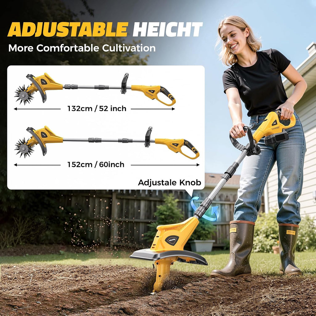 Cordless Tiller Cultivator Compatible with Dewalt 20V Battery (Tool Only), MtiolHig 360RPM Electric Garden Tiller for Gardening, Brushless Rototiller 9' Width 6.3' Depth for Soil Cultivation, Yellow