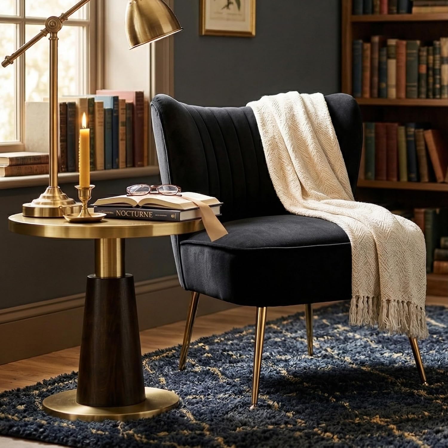 Velvet Accent Chair Set of 2 Comfy Living Room Chair Armless Slipper Chair Mid Century Side Single Sofa Chair with Golden Legs Wingback for Bedroom Guest Room, Black