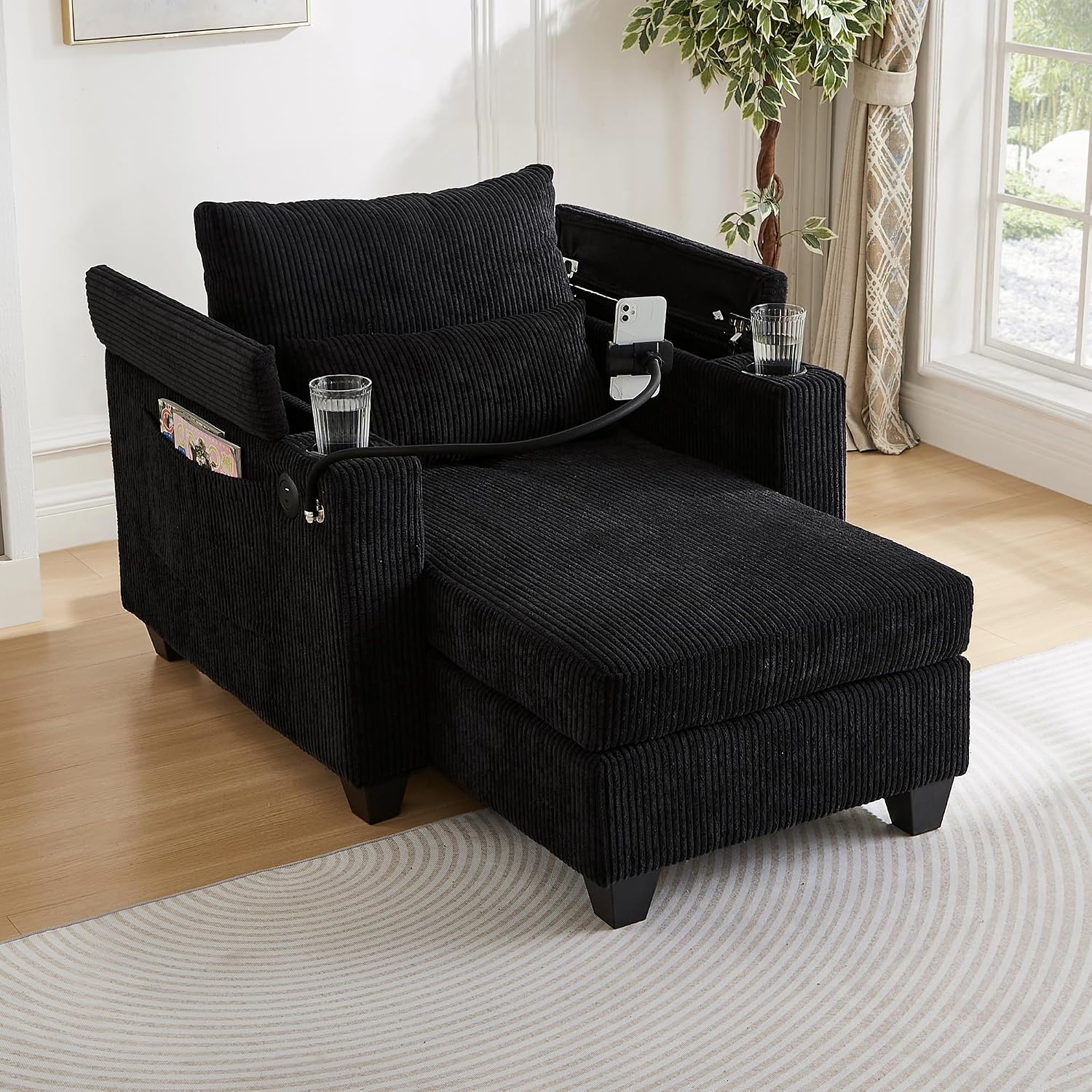 Merax Modern 37.4' Convertible Chaise Lounge with USB Ports, Phone & Cup Holders, Corduroy Upholstered Sleeper Sofa Bed, Recliner Chair w/Pillows for Living Room Bedroom,Black