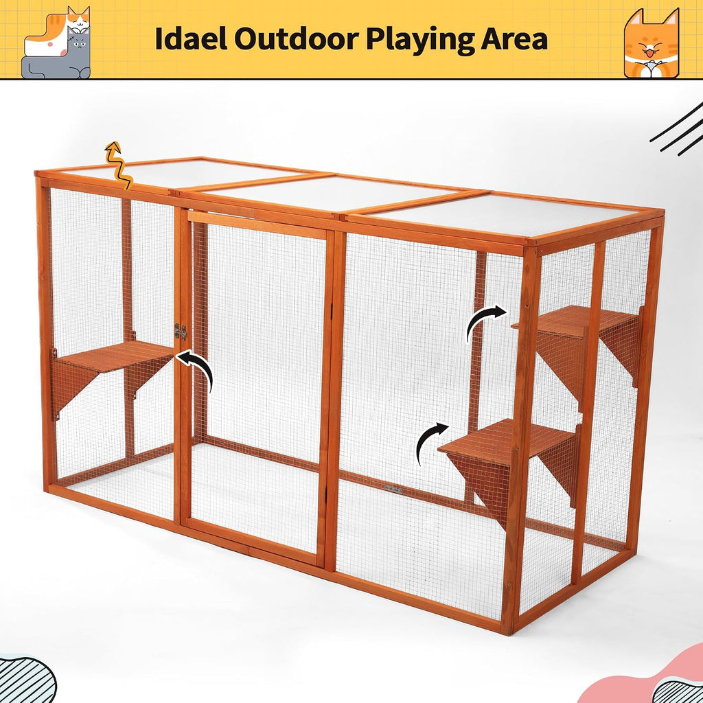 Catio Outdoor Cat Enclosure, 71' Large Weatherproof Catios with Cedar Wood Frame for cat Patio, Heavy Duty Outdoor Cat Condo & Cage, Indoor cattio for Cats (Orange-Red, Large)
