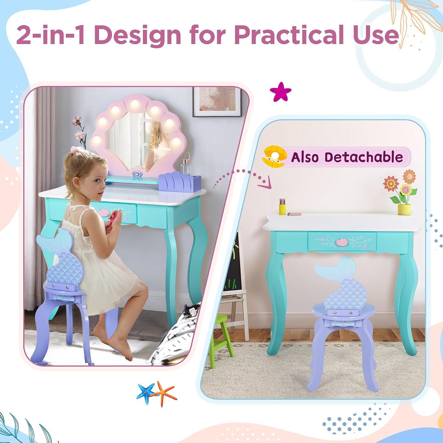 Vanity Set with Lights & Mirror, 2 in 1 Wooden Princess Dressing Table with Stool, Ocean Theme Makeup Table and Chair Set, Little Girls Pretend Play Set, Kids Vanity for Birthday