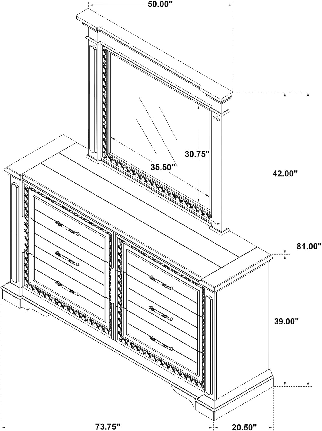 Coaster Home Furnishings - McKinney - Poplar Wood - 6-Drawer Dresser with 50-Inch Rectangular Mirror, Traditional Style, Jewelry Tray, and Antique Bronze Hardware - Bedroom - Vintage White - 215873M