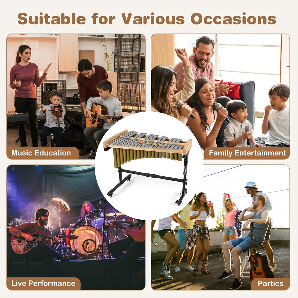 Costzon 32 Note Marimba, Aluminum Xylophone with Rubber Wood Base & Resonance Tubes, 32-Key Professional Glockenspiel with Mallets, Adjustable Stand & Lockable Wheels for Beginners, Students & Adults