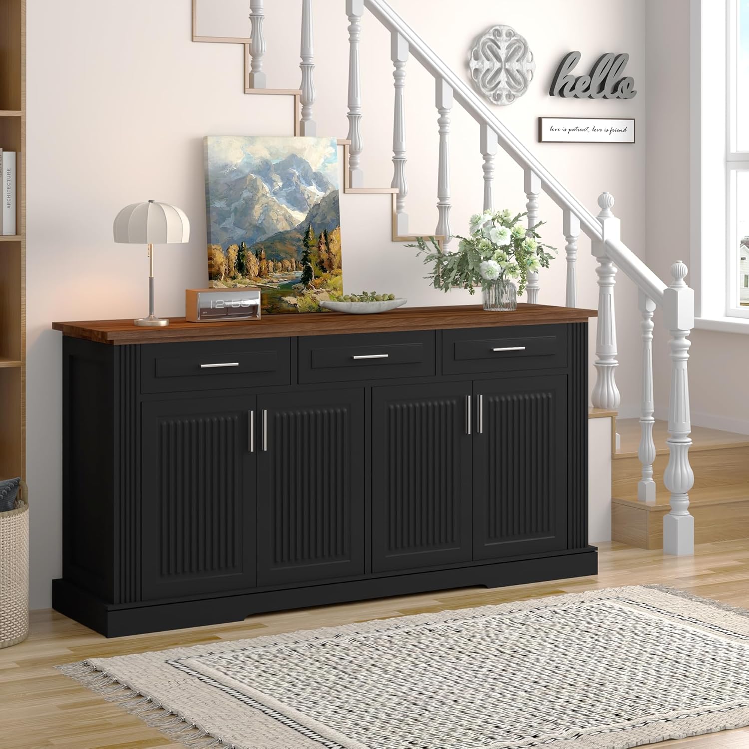 RiteSune Buffet Cabinet with Storage, 63' Modern Farmhouse Coffee Bar Cabinets with 3 Drawers and 4 Doors, Black Sideboard Buffet Cabinet, Wood Buffet Storage Table for Kitchen, Dining Room (Black)