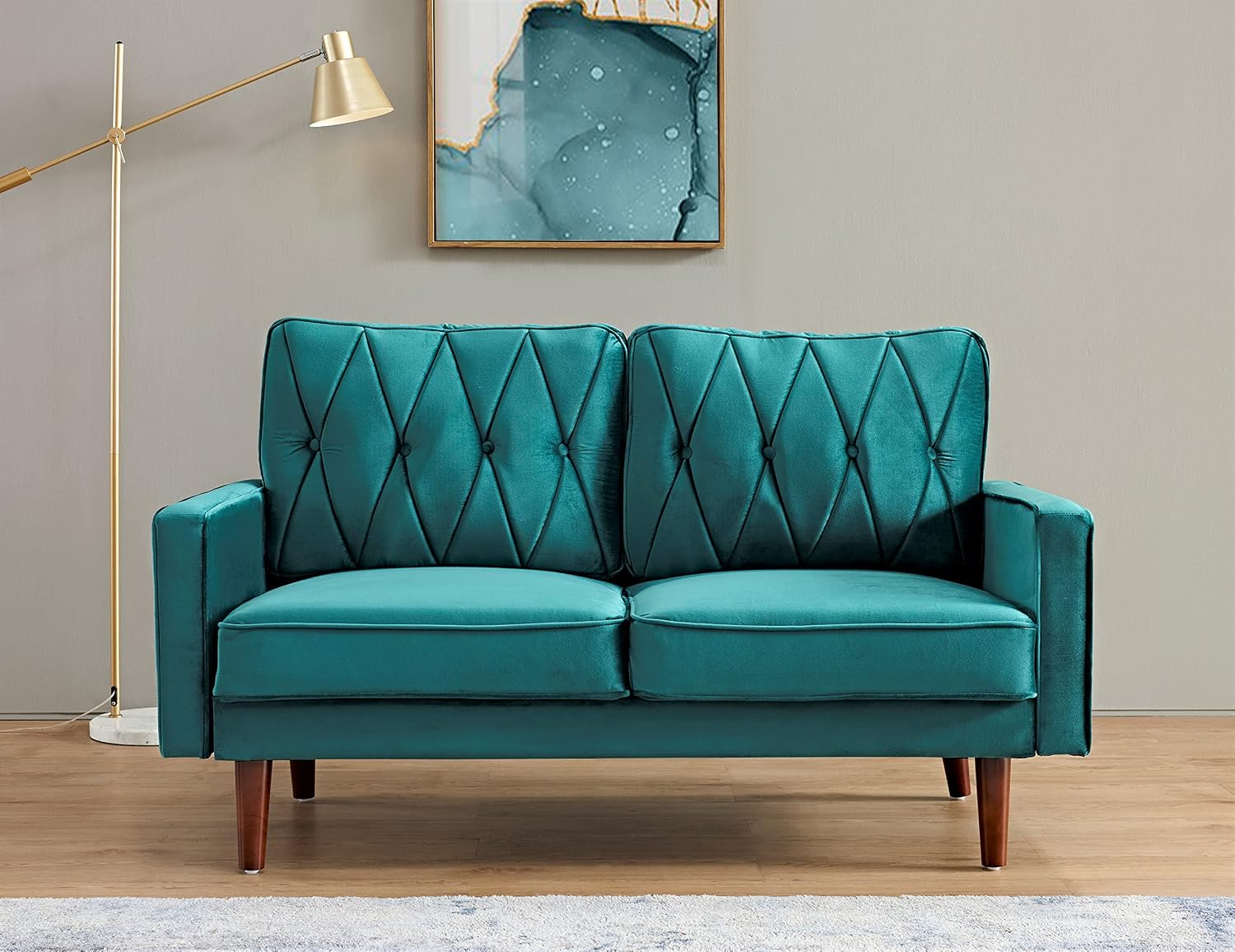 Container Furniture Modern Style Tufted Velvet Couches for Living Room with Soft Fabric Upholstery and Solid Wood Frame, 2 Piece Sofa and Loveseat Set, Green