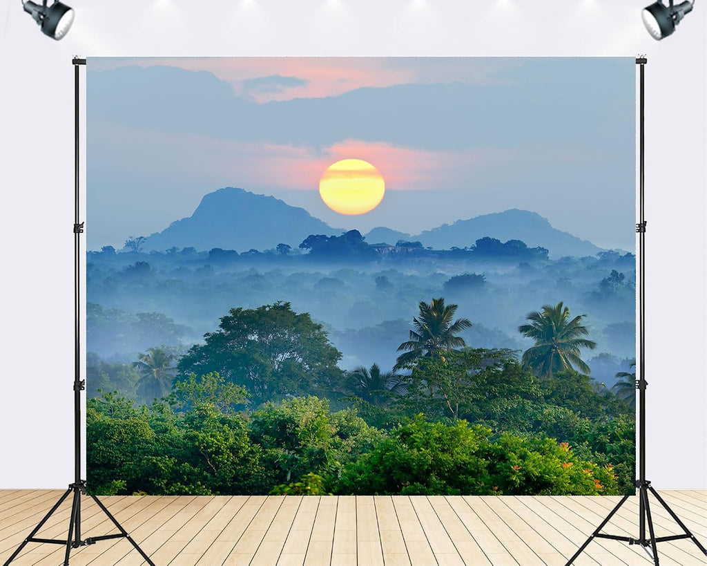 Trykid 20x10ft Golden Sunrise Misty Jungle Backdrop Tropical Palm Tree Horizon Photography Background Vacation Retreat Nature Camp Tapestry Party Decoration Photo Studio Prop Fabric