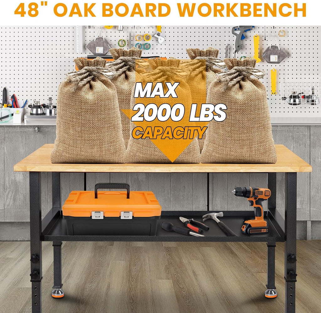 48'/60'' Adjustable Workbench, Rubber Wood Work Bench Heavy-Duty with Partition,2000 LBS Load Capacity Hardwood Work Table for Garage, Workshop, Home, Office, Easy Assembly (w/partition,48'')