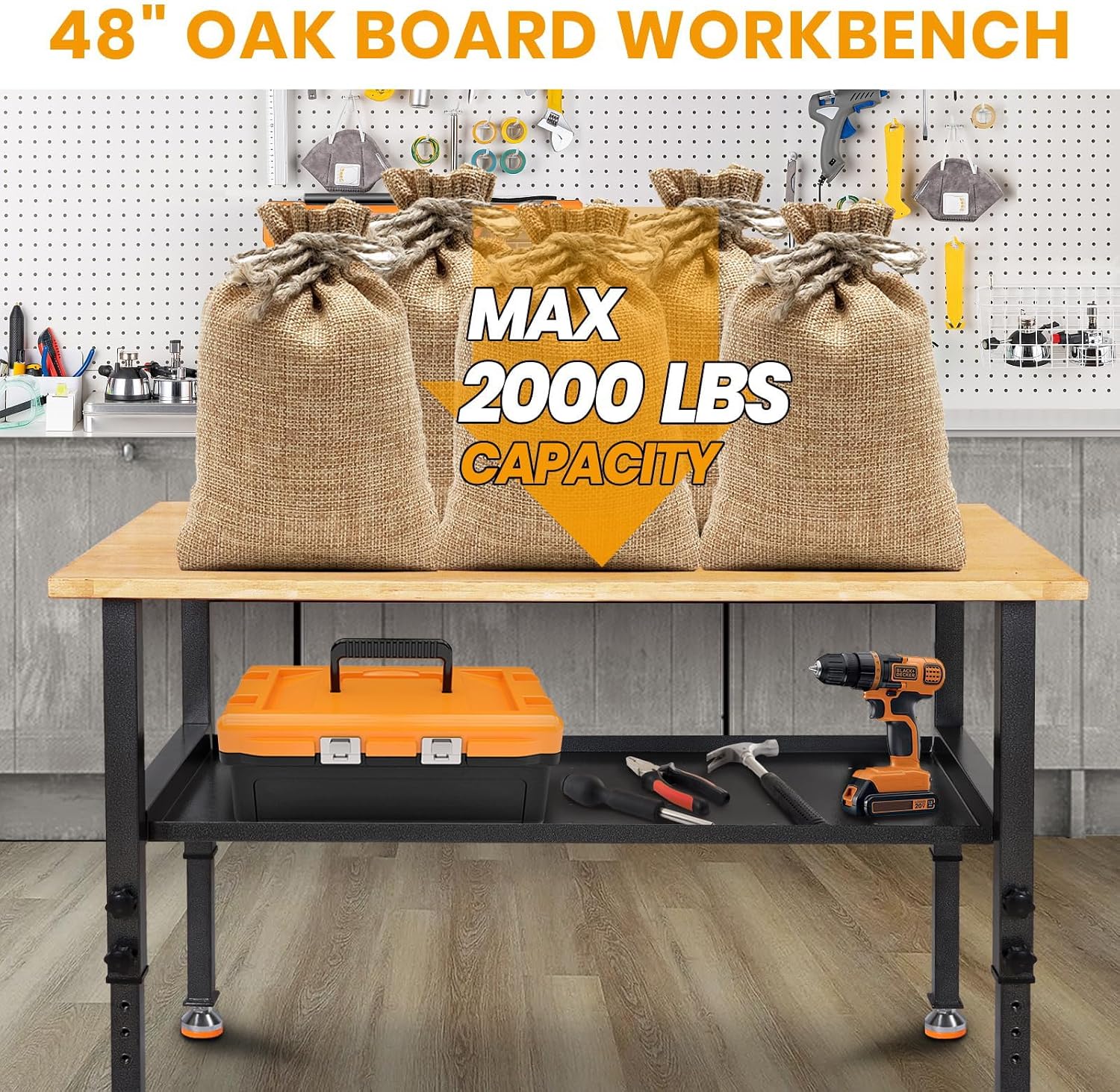48'/60'' Adjustable Workbench, Rubber Wood Work Bench Heavy-Duty with Partition,2000 LBS Load Capacity Hardwood Work Table for Garage, Workshop, Home, Office, Easy Assembly (w/partition,48'')