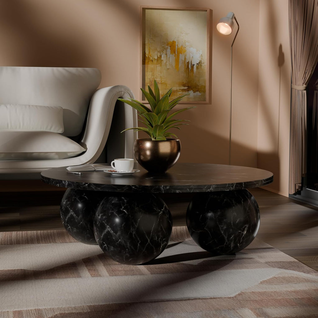 Meridian Furniture 264Black-CT Spherical Collection Art Deco Coffee Table with Genuine Marquino Black Marble, Three Round Ball Shaped Genuine Marble Bases, 39' W x 39' D x 13' H, Black
