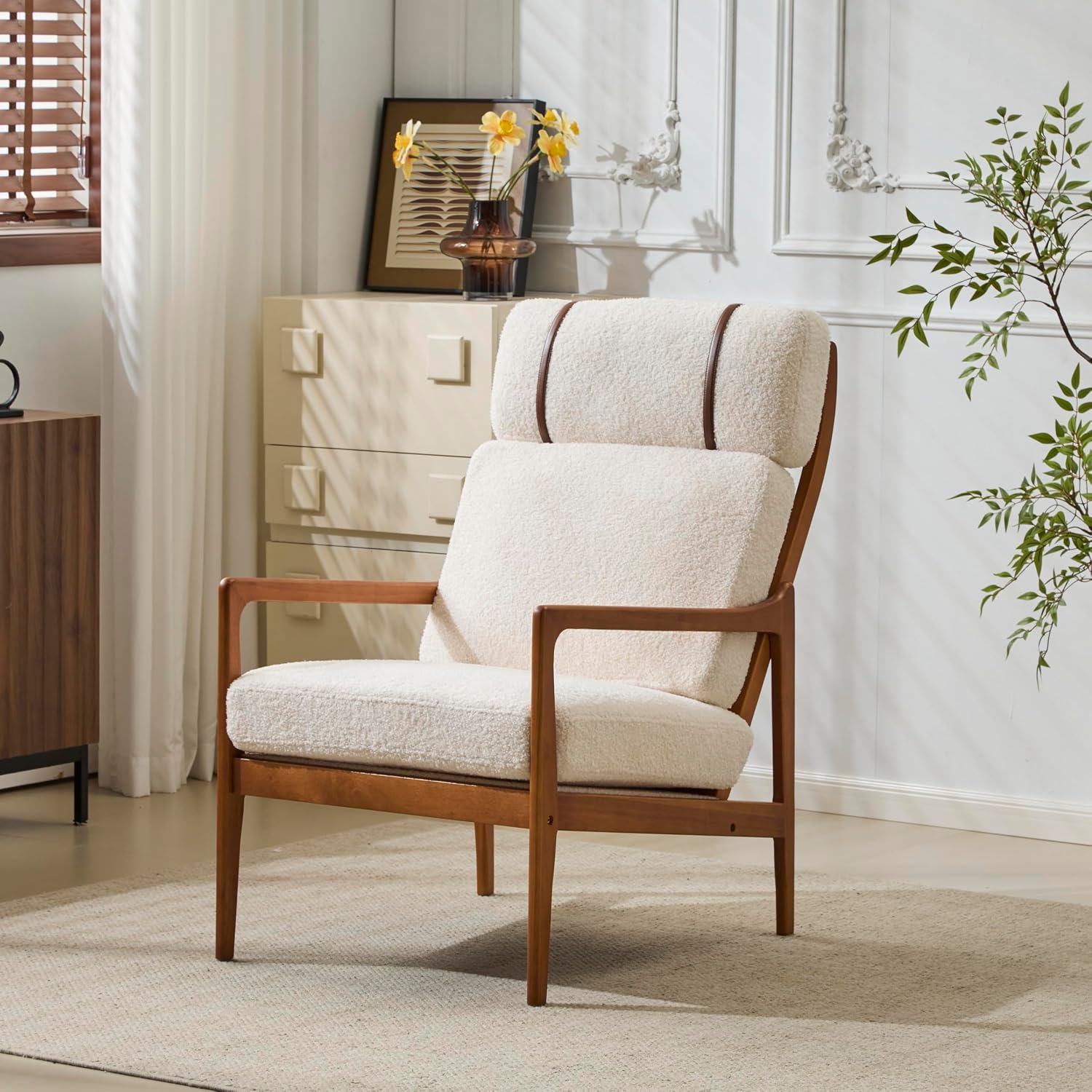Christopher Knight Home Nadine Wooden Club Chair, Upholstered Accent Chair, Cushions Support Armchair, Comfy Lounge, Single Reading Sofa, Solid Wood Frame Armchair for Living Room Home, Ivory+Teak