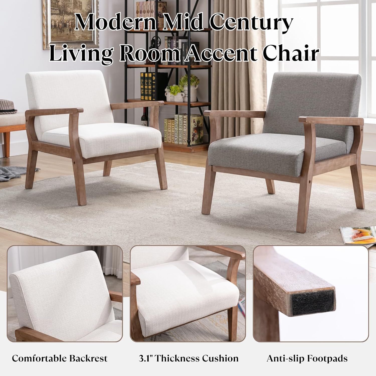 BESTANO Mid Century Modern Accent Chair Set of 2, Linen Upholstered Living Room Accent Armchair with Wood Frame, Farmhouse Chair for Living Room Bedroom, Ivory