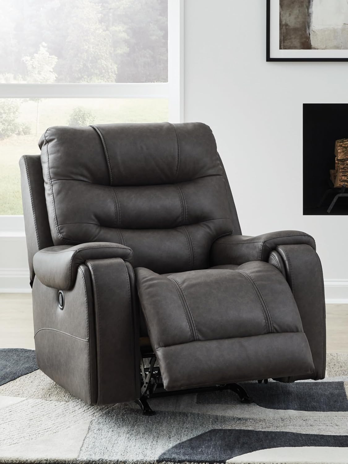 Signature Design by Ashley MakingMoves Rocker Recliner, Faux Leather Oversized Recliner Chair, No Assembly Required, with Pop-Out Cup Holders for Living Rooms, Smoke, 40' W