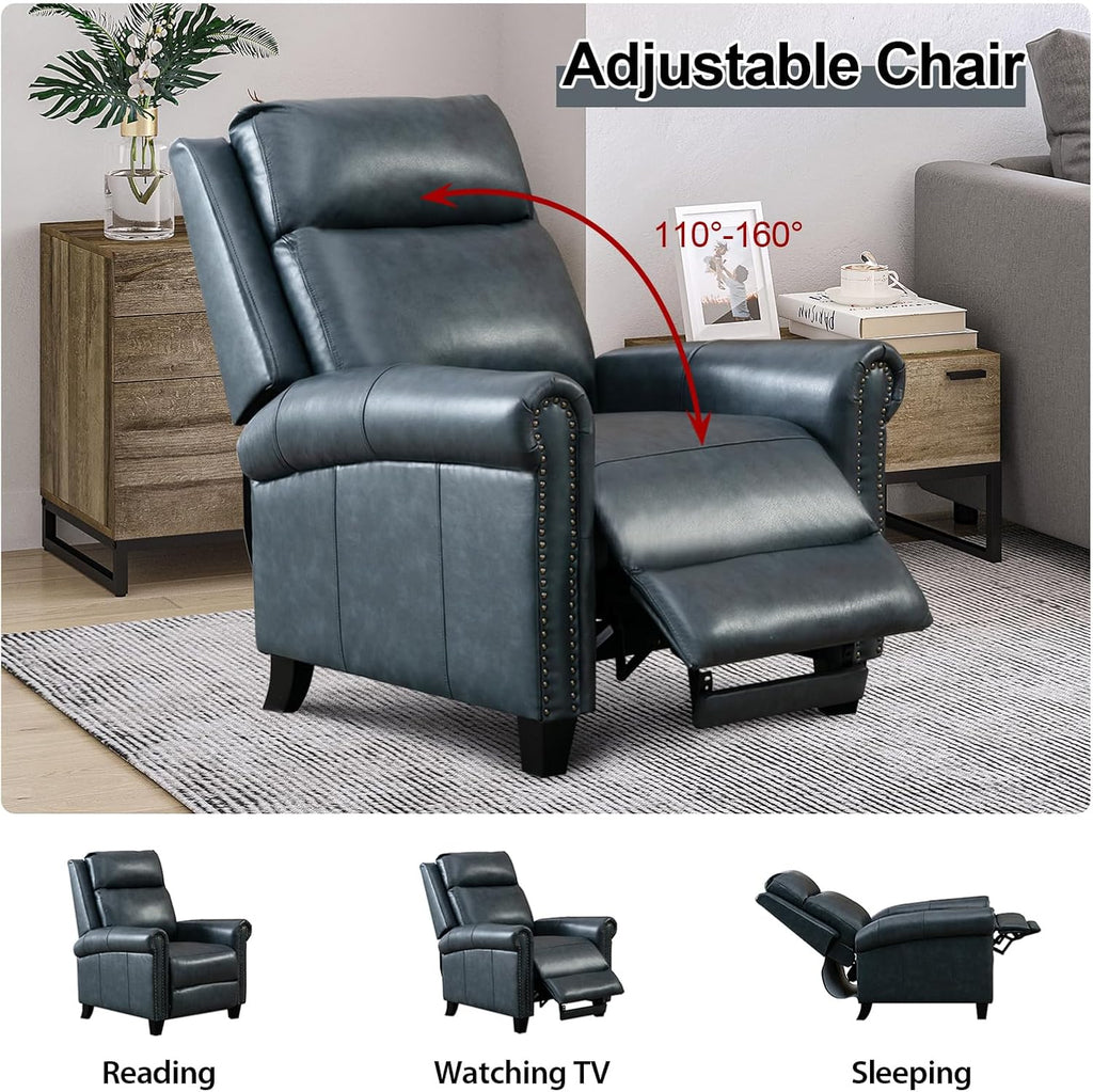 CANMOV Leather Recliner Chair, Classic and Traditional Push Back Recliner Chair with Comfortable Arms and Back for Living Room Bedroom Adjustable Single Sofa, Navy Blue