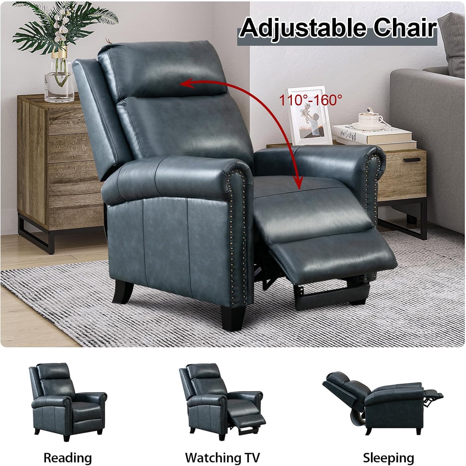 CANMOV Leather Recliner Chair, Classic and Traditional Push Back Recliner Chair with Comfortable Arms and Back for Living Room Bedroom Adjustable Single Sofa, Navy Blue