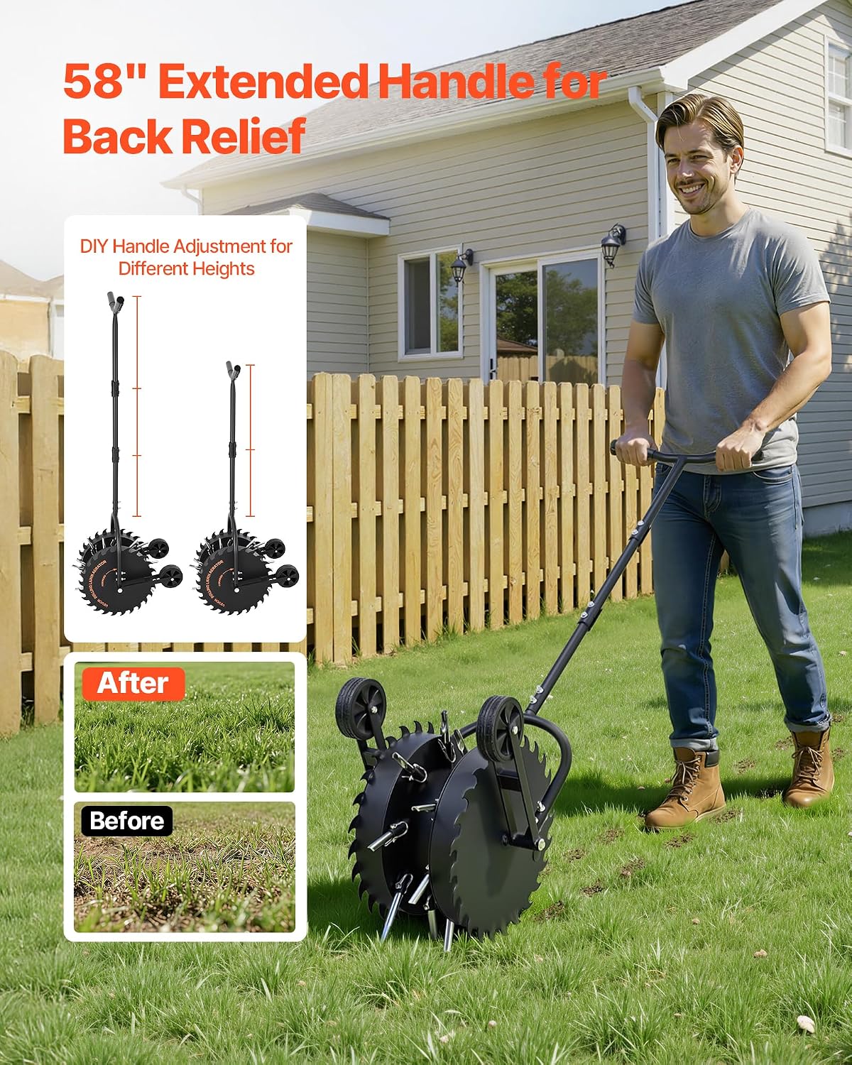 VEVOR Rolling Lawn Core Aerator, 16.6 in Coring Aerator Roller with Anti-Clog Tines, Heavy Duty & Rust-Resistant, Yard Grass Pulling Plugs Manual Aeration Tool for Compacted Garden Soil Loosening