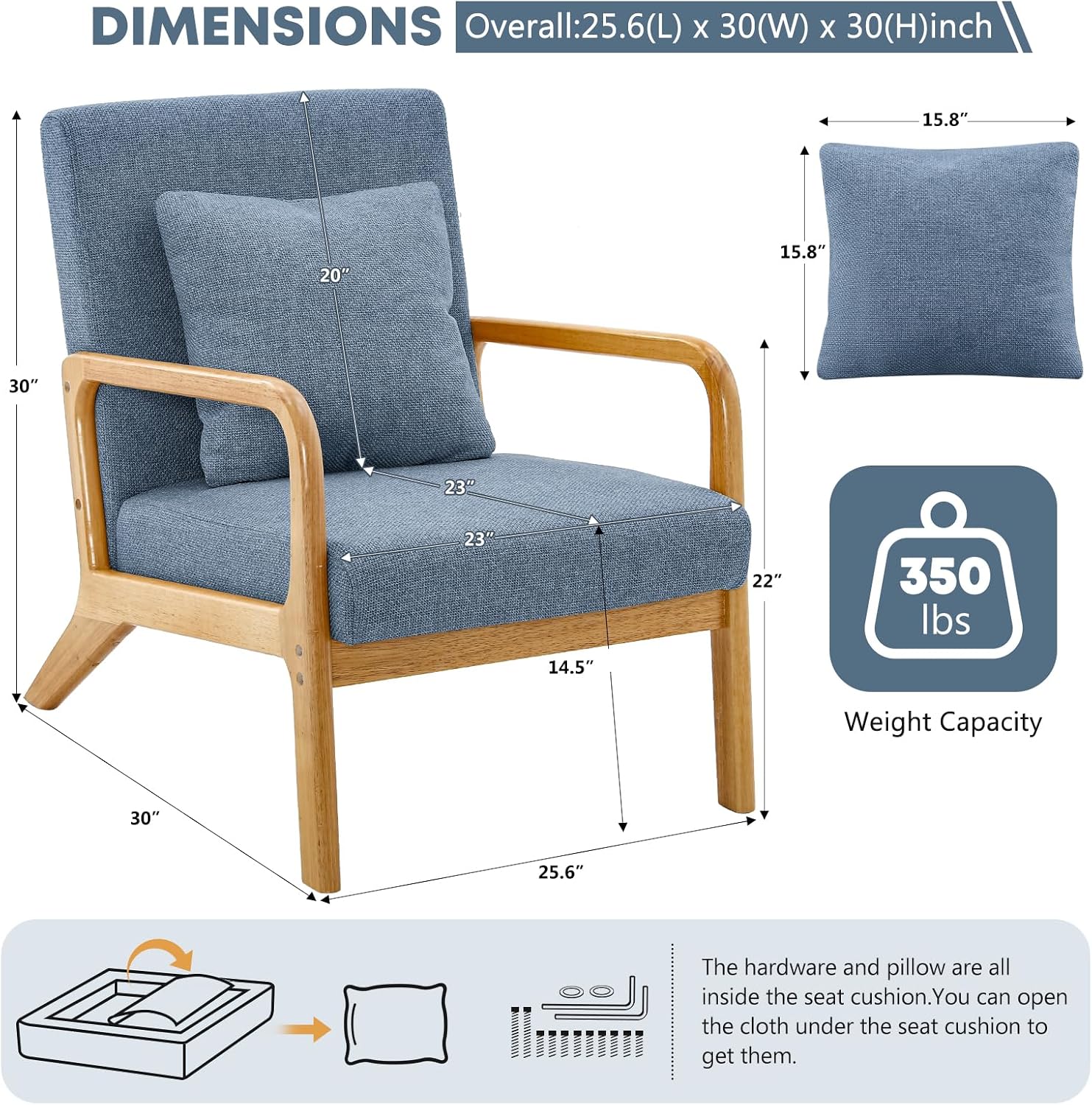 ELUCHANG Mid-Century Modern Accent Chair with Lumbar Pillow,Upholstered Armchair,Linen Fabric Comfy Reading Chair, Lounge Side Chair for Living Room Bedroom Apartment,Easy Assembly(Blue,2pcs)