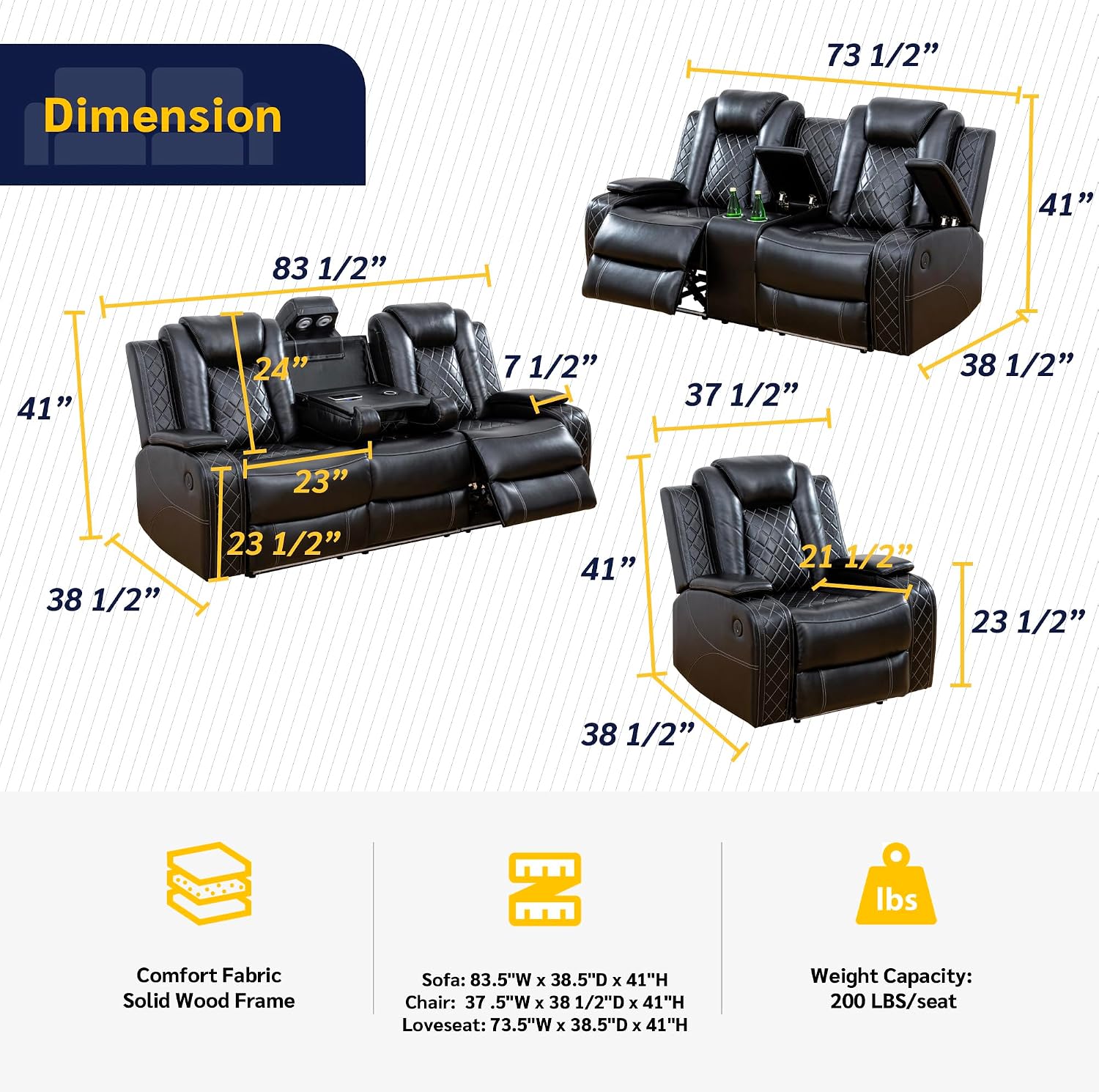 Max Power Recliner Living Room Set with LED for Living Room, Dormitory, Guest House, Playroom, Airbnb,Apartment