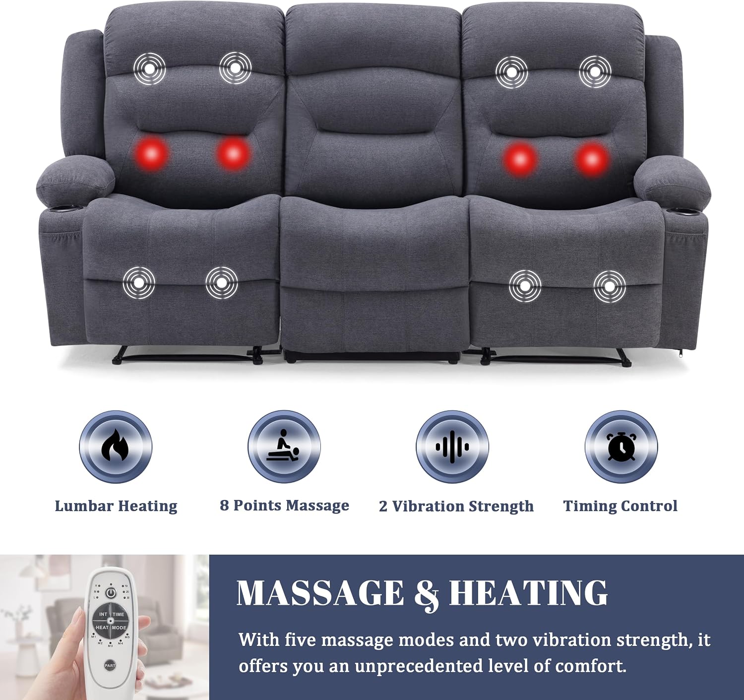 Weture Oversized Recliner Sofa with Heat and Massage, Wall-Hugger Reclining Sofa with Cup Holders and USB Port, Big Large 3-Seater RV Recliner Couch Sofa for Living Room (Fabric, Grey)