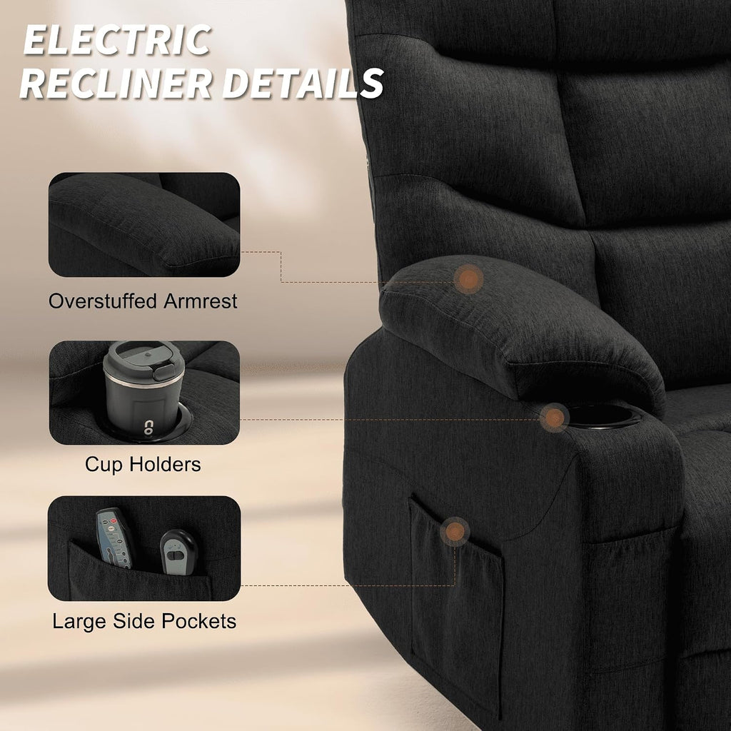 Korser Power Recliner Chair with Massage and Heating, Electric Recliner Chair for Elderly and Adults, Power Lift Recliner with Remote Control and Cup Holders for Living Room, Linen Fabric, Black
