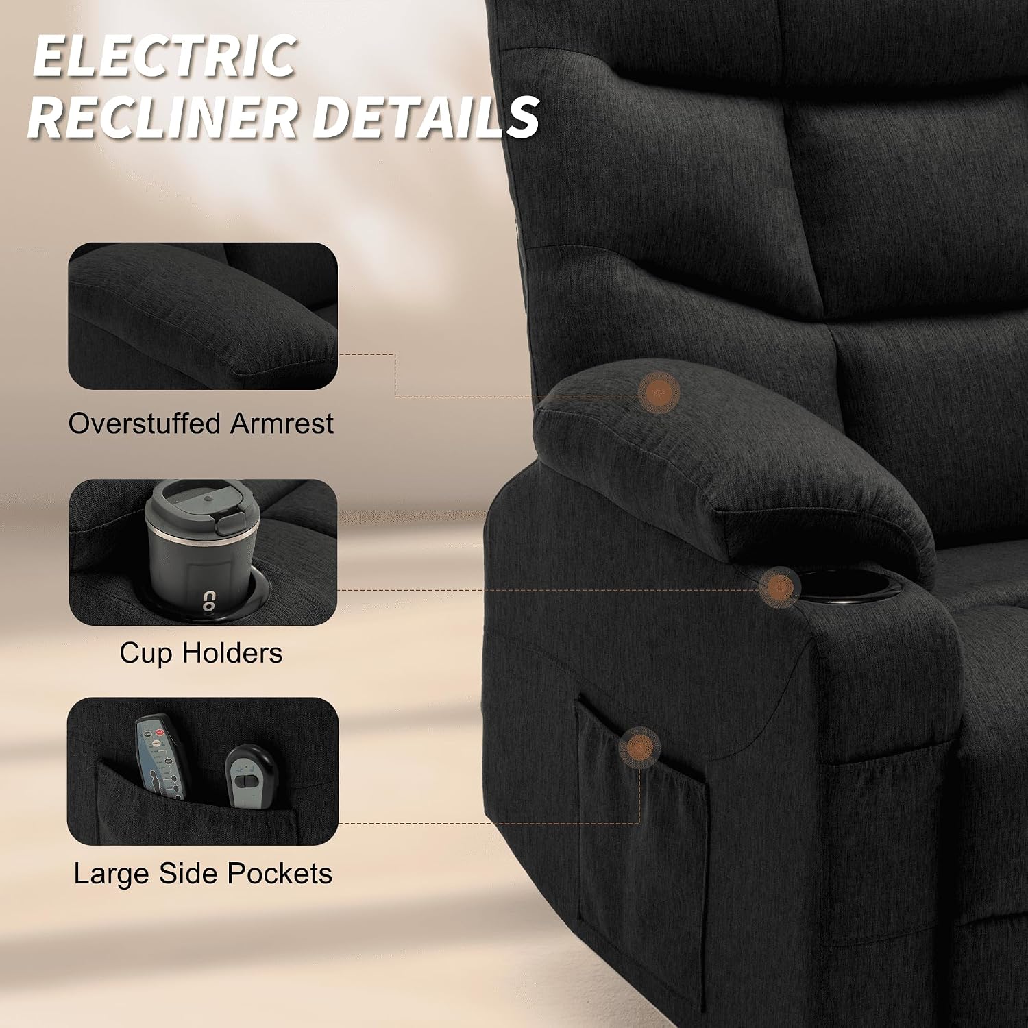 Korser Power Recliner Chair with Massage and Heating, Electric Recliner Chair for Elderly and Adults, Power Lift Recliner with Remote Control and Cup Holders for Living Room, Linen Fabric, Black