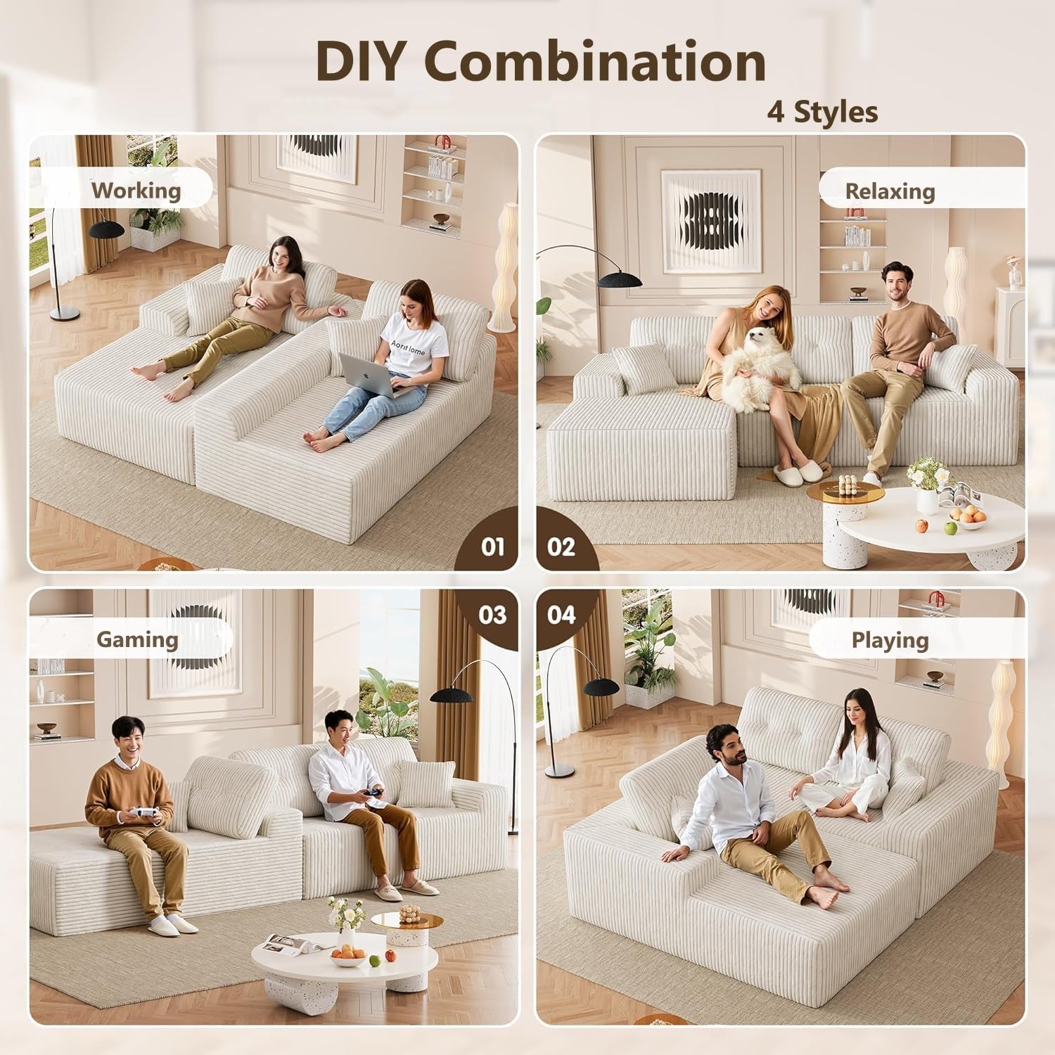 Ball & Cast 106''Cloud Couch Sectional with L-Shaped Chaise,Corduroy Upholstered Modular Sectional Sofa,Deep Seat Sectional Couches for Living Room,No Assembly Required (Beige,Left Facing Chaise)