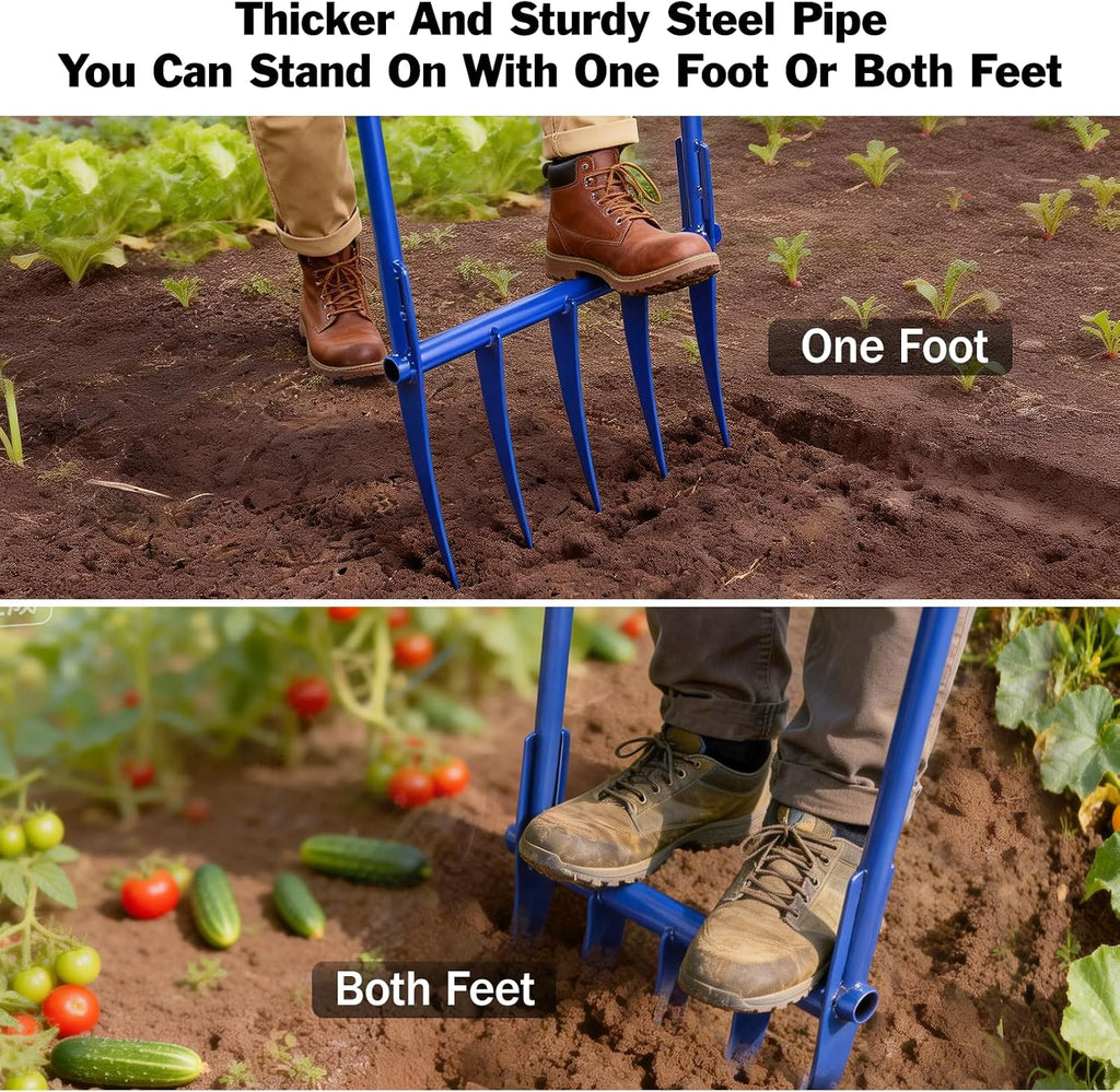 56'' Heavy Duty Broadfork for All the Soils, Unbreakable Design Pitchfork, 5 Sharp and Cambered 11'' Tines Bord Fork Garden Tool, Ergonomic Handles, Good Package, Easy Assembly, Blue.